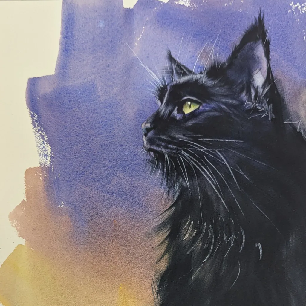 Acuarela de un gato negro. Representa la modalidad de cursos en vídeo a tu ritmo.