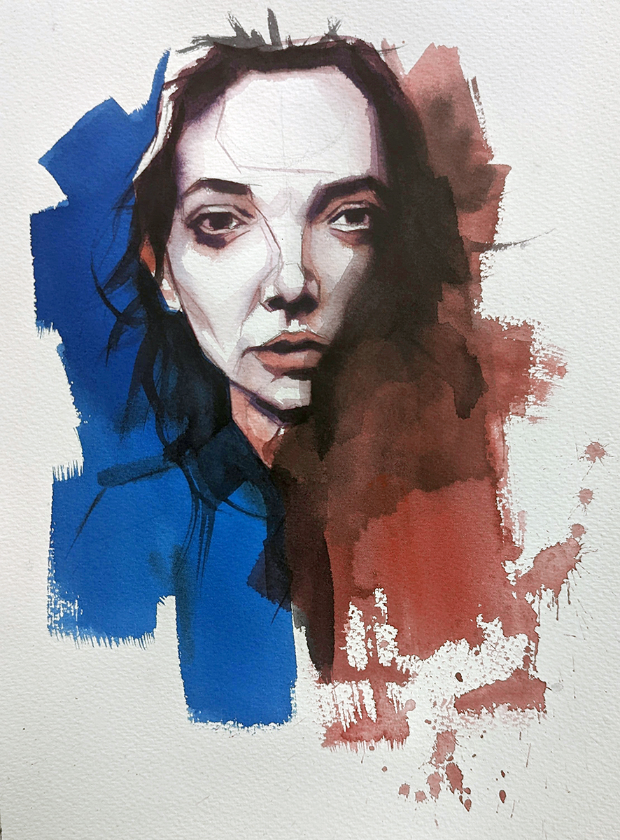 Chica en azul y rojo